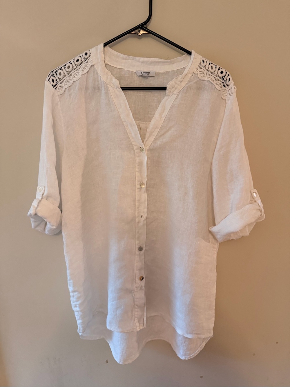 Lightweight White Linen Button-Down Shirt with Crochet Shoulders